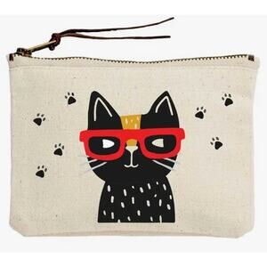 NEW Black Cat Kitten w Red Glasses Travel Essential Organizer Makeup Canvas Bag